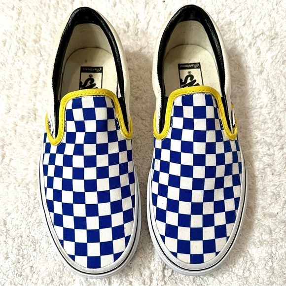 VANS Customs Team Simplr Classic Slip On Blue yellow Checkerboard Rare women’s 7 - Picture 3 of 9